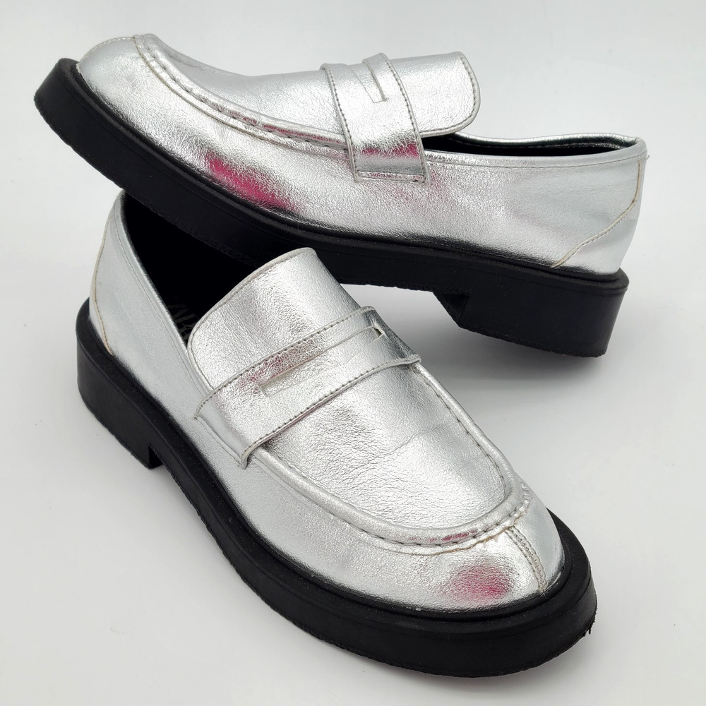 ZARA Women's Silver Preppy‎ Loafers Slip On Shoes Metallic US 6.5/7 EU 37 Party
